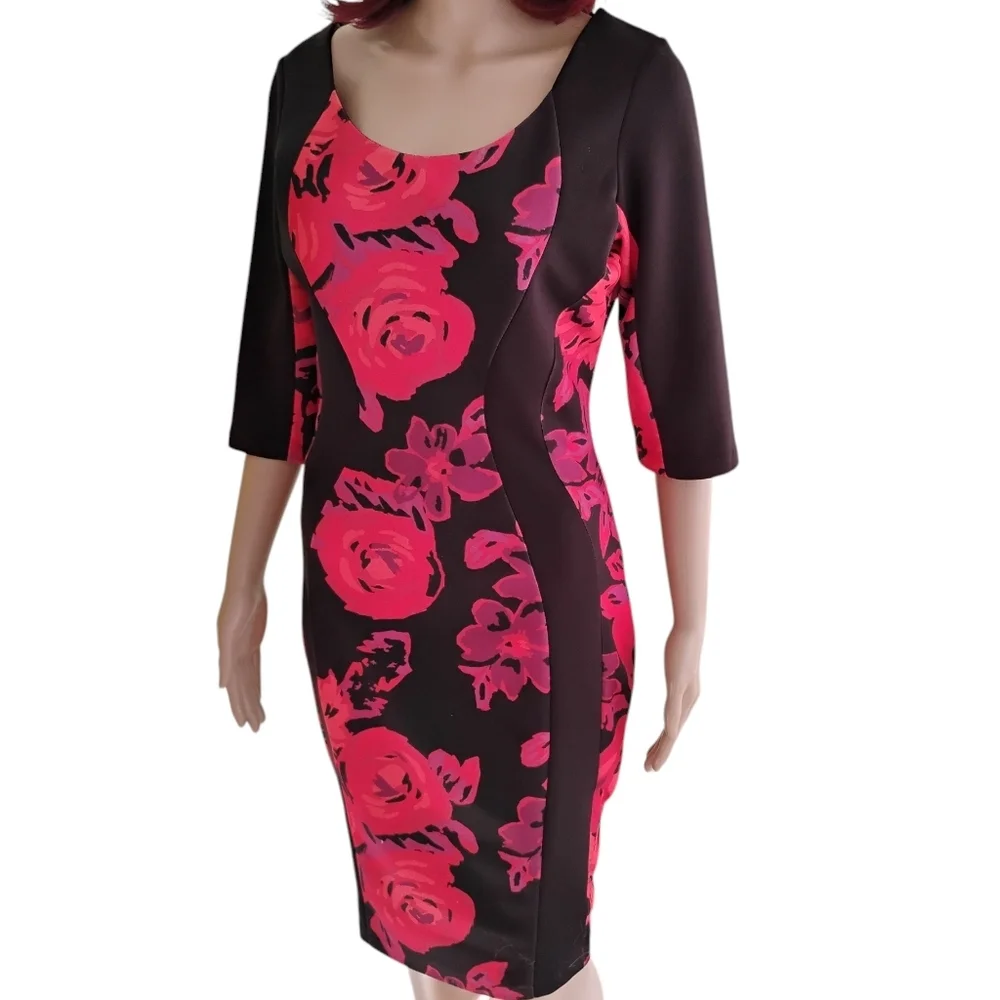 Signature By Sangria Floral Black and Pink Scuba Dress Size 8 - Picture 6 of 13